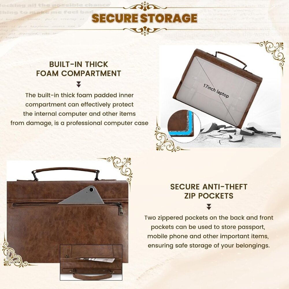 Mens Messenger Bag 17 Inch Waterproof Vintage Leather Laptop Briefcase Large Com - Picture 6 of 7